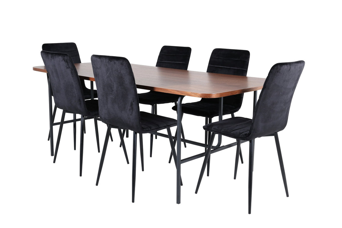 Esszimmerset Uno und Windu von Venture Home: rechteckiger Tisch mit Nussbaum-Tischplatte aus MDF und Furnier, sechs Stühle mit schwarzem Samtbezug
