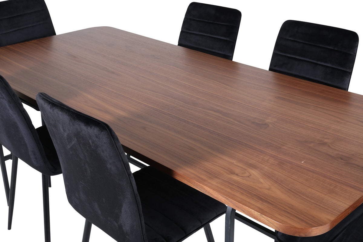 Esszimmerset Uno und Windu von Venture Home: rechteckiger Tisch mit Nussbaum-Tischplatte aus MDF und Furnier, sechs Stühle mit schwarzem Samtbezug