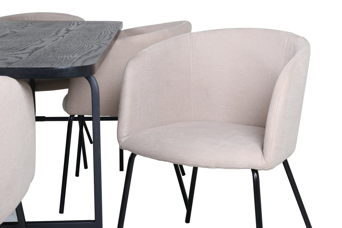 Esszimmerset Uno mit schwarzer MDF-Tischplatte und Metallgestell, kombiniert mit sechs Berit-Stühlen in Beige mit schwarzen Eisenbeinen.