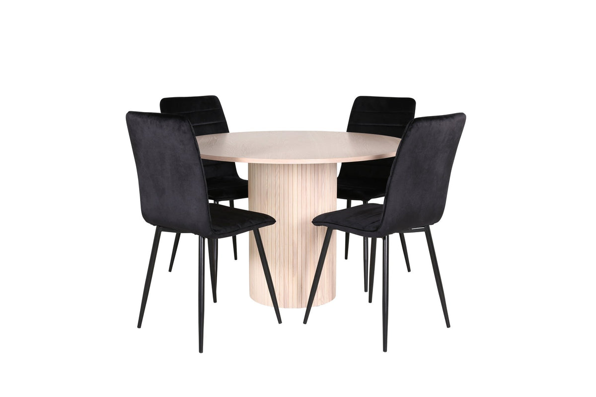 Rundes Esszimmerset Bianca mit schwarzer MDF-Tischplatte, Rippengestell und vier Windu-Stühlen mit schwarzem Samtbezug und Stahlbeinen.