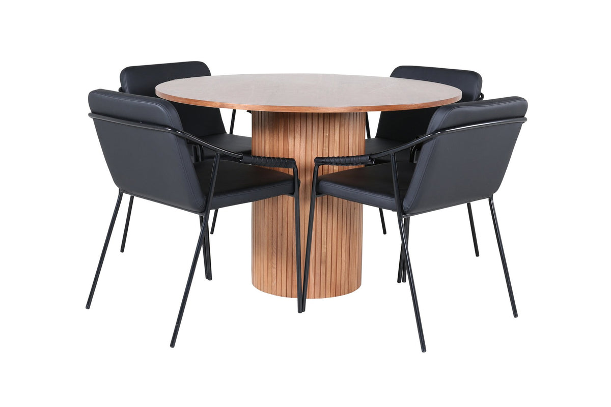 Rundes Esszimmerset mit Tisch aus MDF in Nussbaum-Optik ⌀110 cm und zwei schwarzen Stühlen mit Pulverbeschichtung und Eisenbeinen.