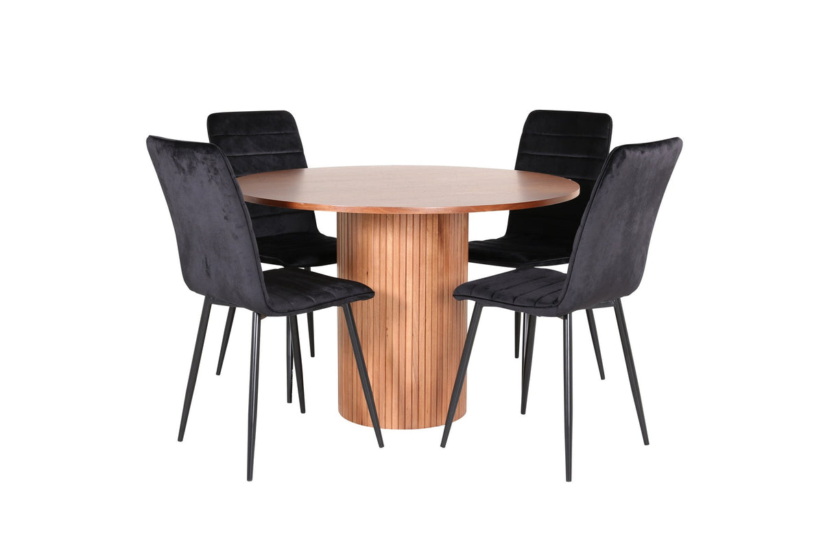 Rundes Esszimmerset Bianca mit schwarzer MDF-Tischplatte, Rippengestell und vier Windu-Stühlen mit schwarzem Samtbezug und Stahlbeinen.