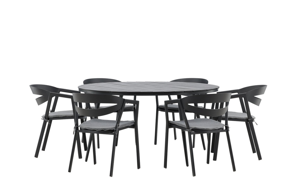 Runder schwarzer Gartentisch aus Aintwood mit Aluminiumgestell und dazugehöriger Esszimmerstuhl mit gepolstertem Sitzkissen, Venture Home.