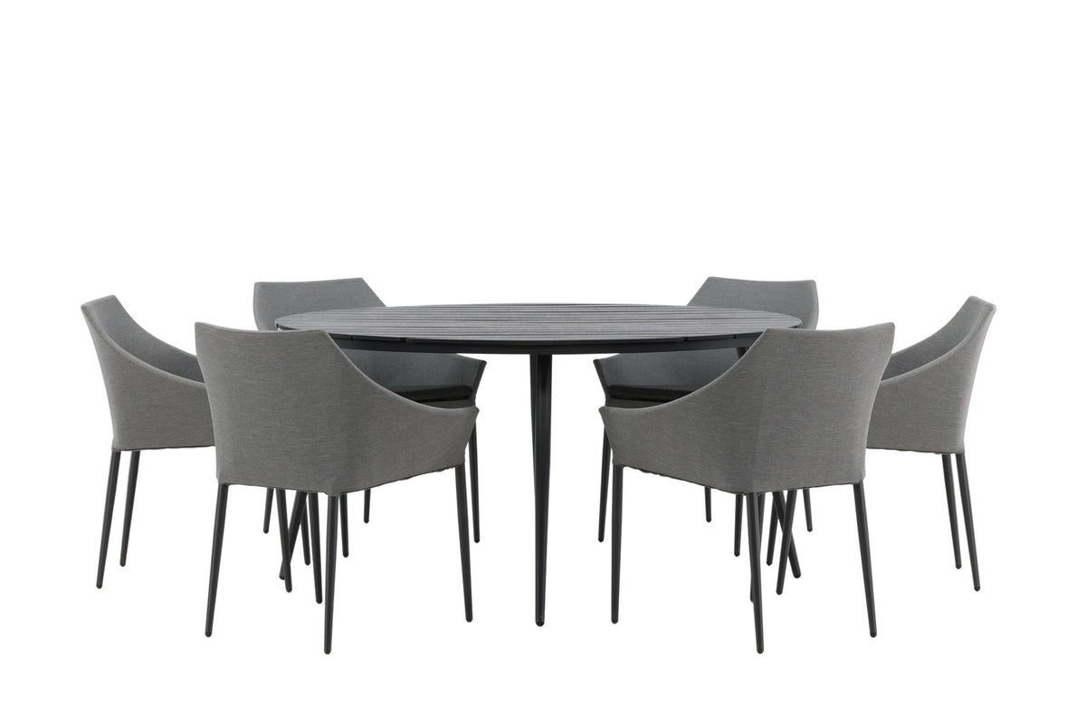 Rundes Gartentischset von Venture Home: schwarzer Esstisch aus Aintwood und Aluminium mit zwei grauen Stühlen mit Polyester-Textilene-Bezug.