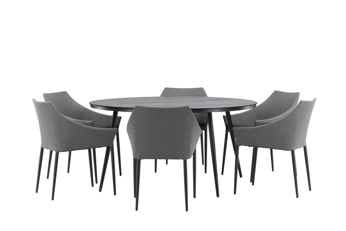 Rundes Gartentischset von Venture Home: schwarzer Esstisch aus Aintwood und Aluminium mit zwei grauen Stühlen mit Polyester-Textilene-Bezug.