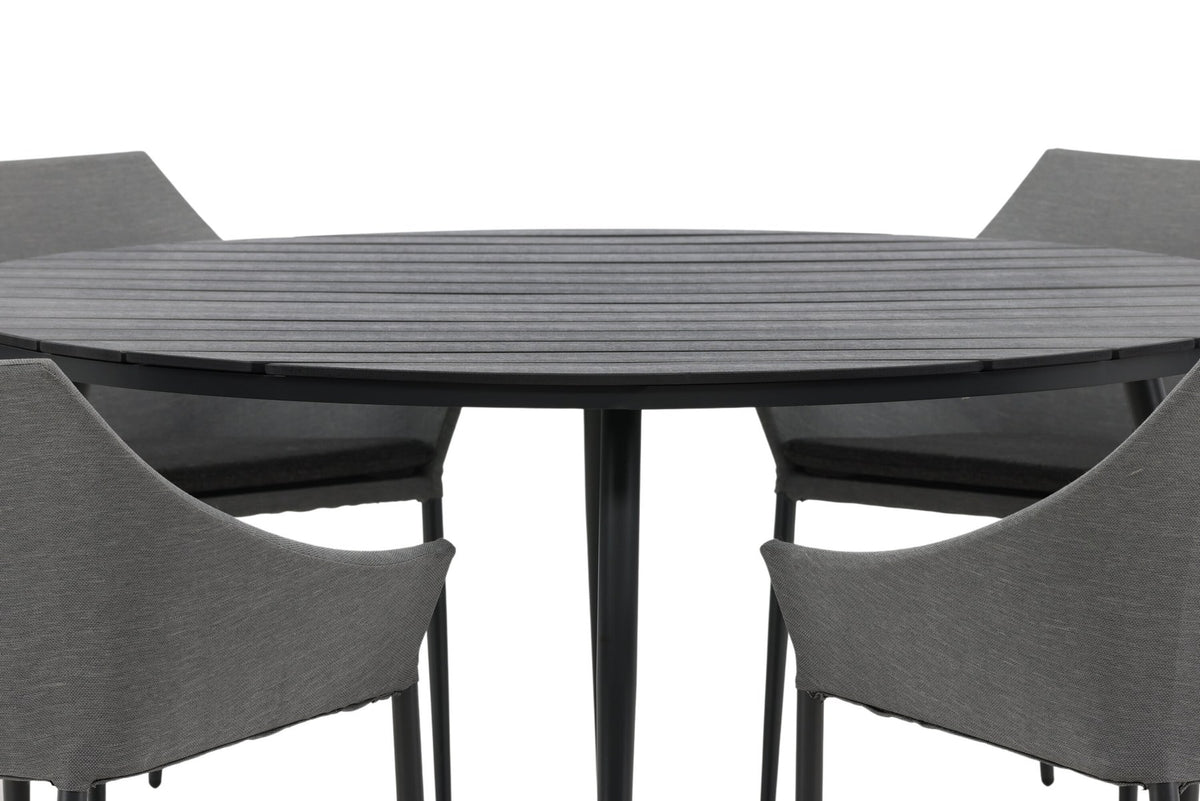 Rundes Gartentischset von Venture Home: schwarzer Esstisch aus Aintwood und Aluminium mit zwei grauen Stühlen mit Polyester-Textilene-Bezug.