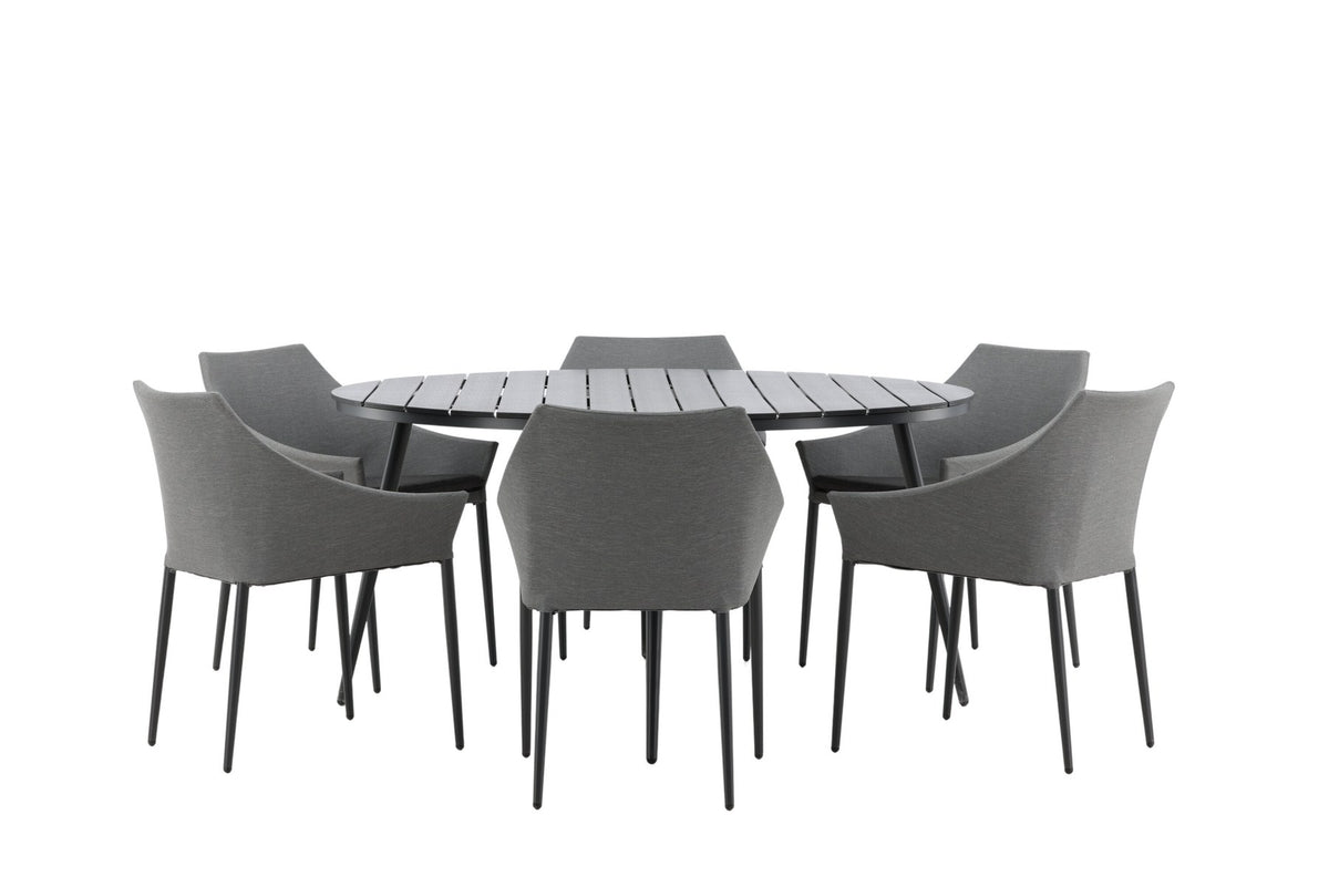 Rundes Gartentischset von Venture Home: schwarzer Esstisch aus Aintwood und Aluminium mit zwei grauen Stühlen mit Polyester-Textilene-Bezug.