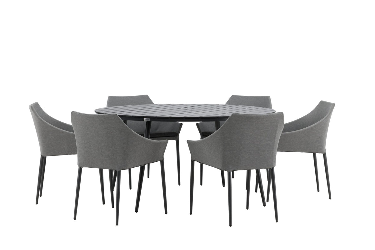 Rundes Gartentischset von Venture Home: schwarzer Esstisch aus Aintwood und Aluminium mit zwei grauen Stühlen mit Polyester-Textilene-Bezug.