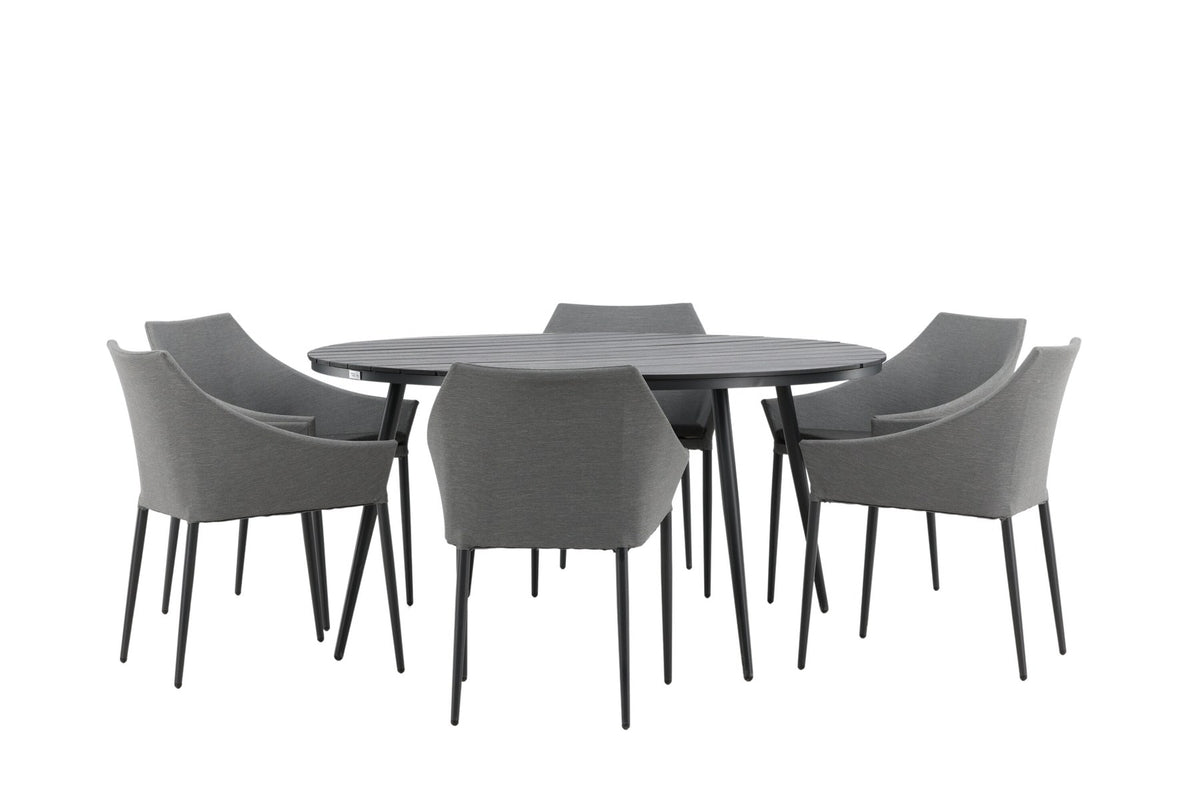 Rundes Gartentischset von Venture Home: schwarzer Esstisch aus Aintwood und Aluminium mit zwei grauen Stühlen mit Polyester-Textilene-Bezug.
