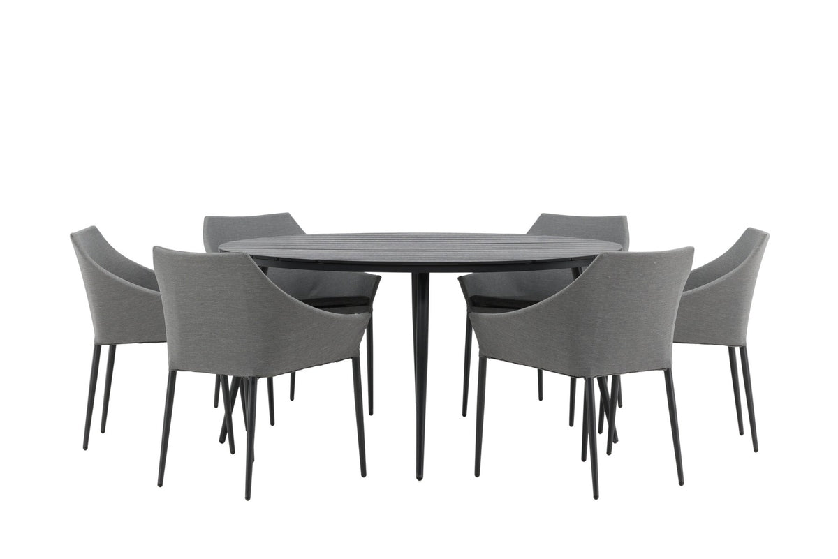 Rundes Gartentischset von Venture Home: schwarzer Esstisch aus Aintwood und Aluminium mit zwei grauen Stühlen mit Polyester-Textilene-Bezug.