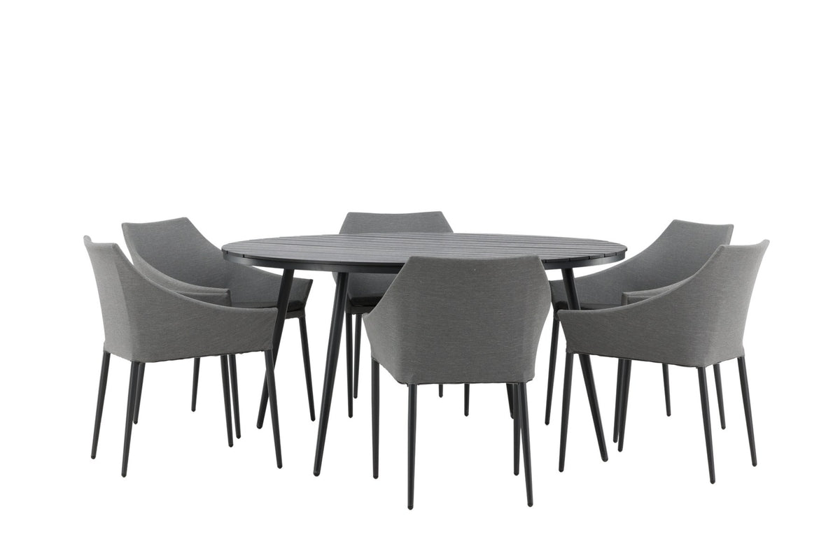 Rundes Gartentischset von Venture Home: schwarzer Esstisch aus Aintwood und Aluminium mit zwei grauen Stühlen mit Polyester-Textilene-Bezug.