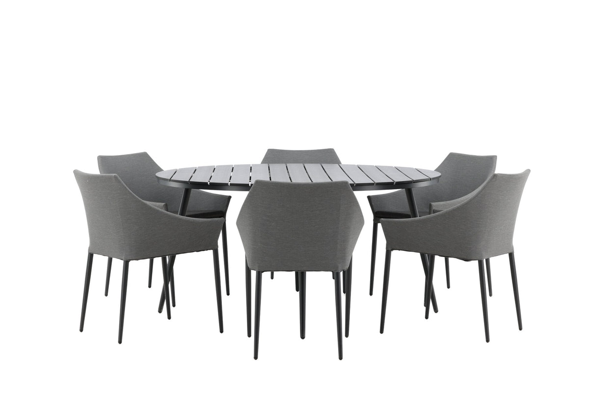 Rundes Gartentischset von Venture Home: schwarzer Esstisch aus Aintwood und Aluminium mit zwei grauen Stühlen mit Polyester-Textilene-Bezug.