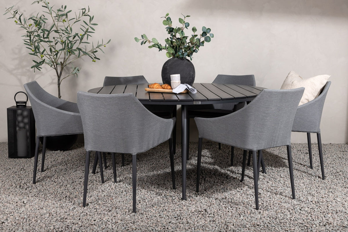 Rundes Gartentischset von Venture Home: schwarzer Esstisch aus Aintwood und Aluminium mit zwei grauen Stühlen mit Polyester-Textilene-Bezug.