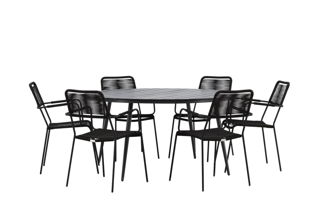 Rundes Gartentischset aus Aintwood und Aluminium in Schwarz mit zwei Stühlen mit Seilbespannung und Armlehnen, Serie Break & Lindos.