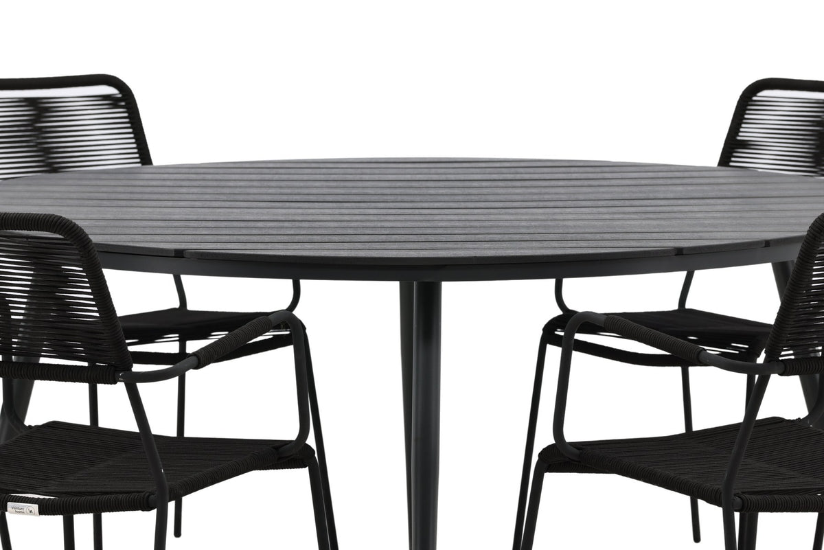 Rundes Gartentischset aus Aintwood und Aluminium in Schwarz mit zwei Stühlen mit Seilbespannung und Armlehnen, Serie Break & Lindos.
