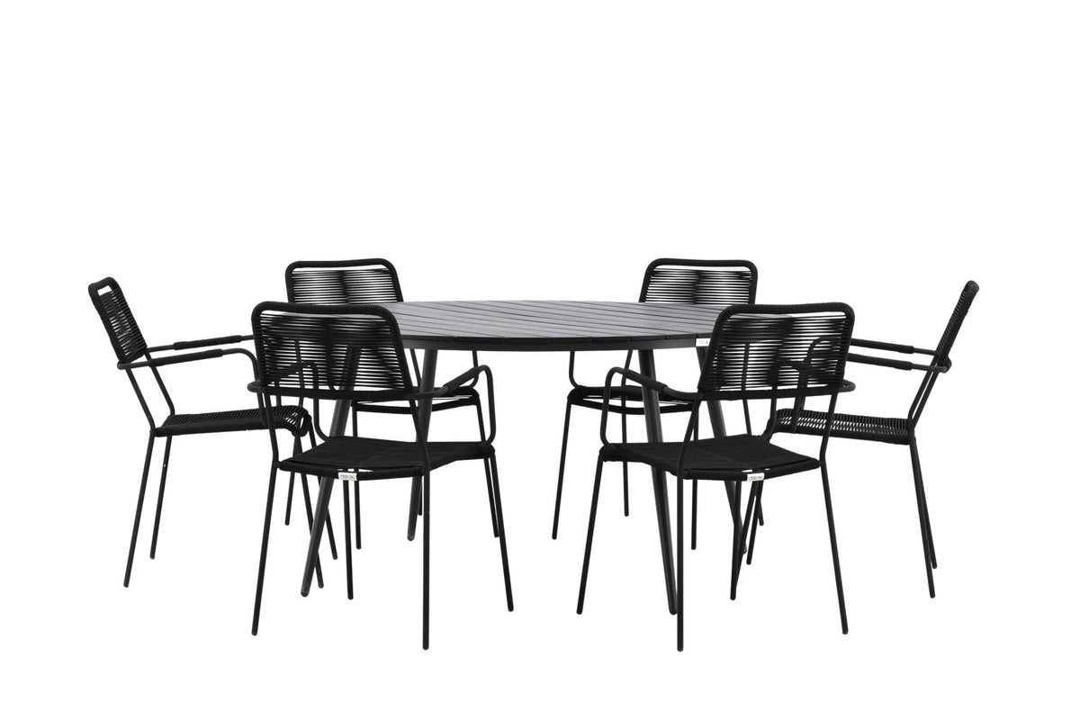 Rundes Gartentischset aus Aintwood und Aluminium in Schwarz mit zwei Stühlen mit Seilbespannung und Armlehnen, Serie Break & Lindos.