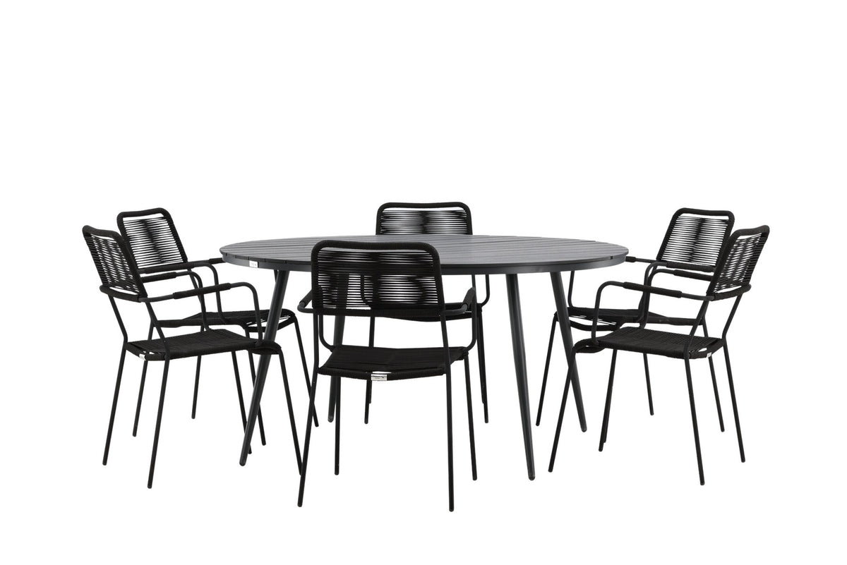 Rundes Gartentischset aus Aintwood und Aluminium in Schwarz mit zwei Stühlen mit Seilbespannung und Armlehnen, Serie Break & Lindos.