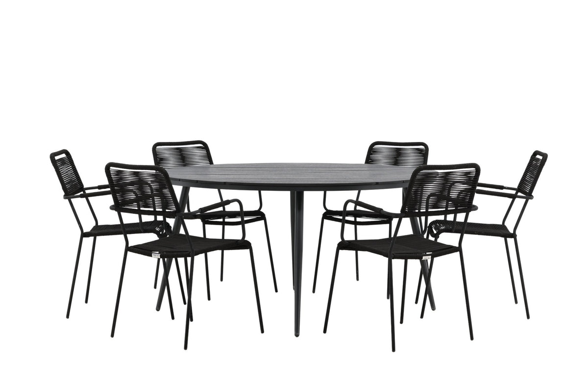 Rundes Gartentischset aus Aintwood und Aluminium in Schwarz mit zwei Stühlen mit Seilbespannung und Armlehnen, Serie Break & Lindos.