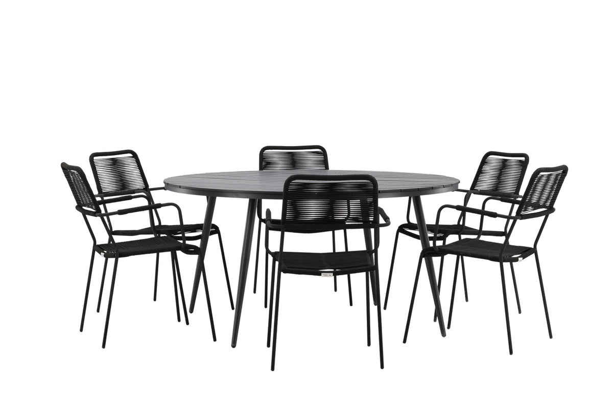 Rundes Gartentischset aus Aintwood und Aluminium in Schwarz mit zwei Stühlen mit Seilbespannung und Armlehnen, Serie Break & Lindos.