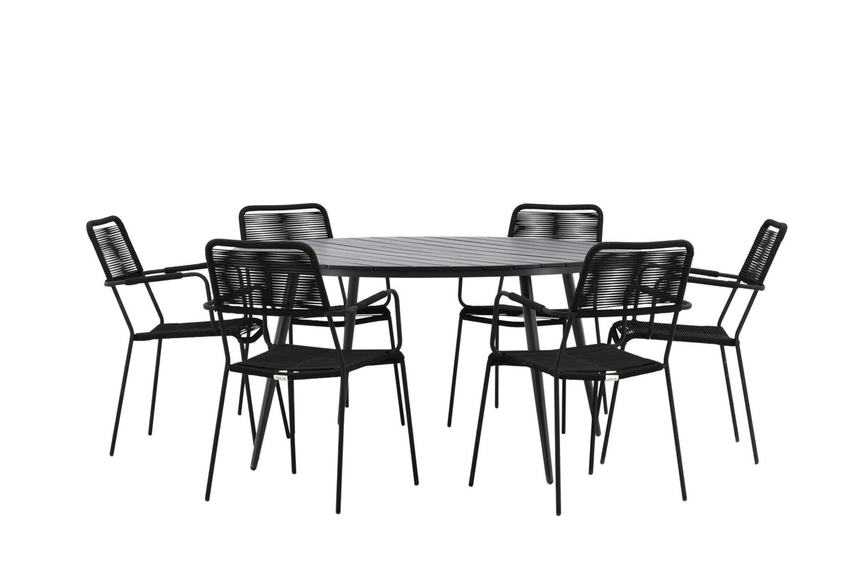 Rundes Gartentischset aus Aintwood und Aluminium in Schwarz mit zwei Stühlen mit Seilbespannung und Armlehnen, Serie Break & Lindos.