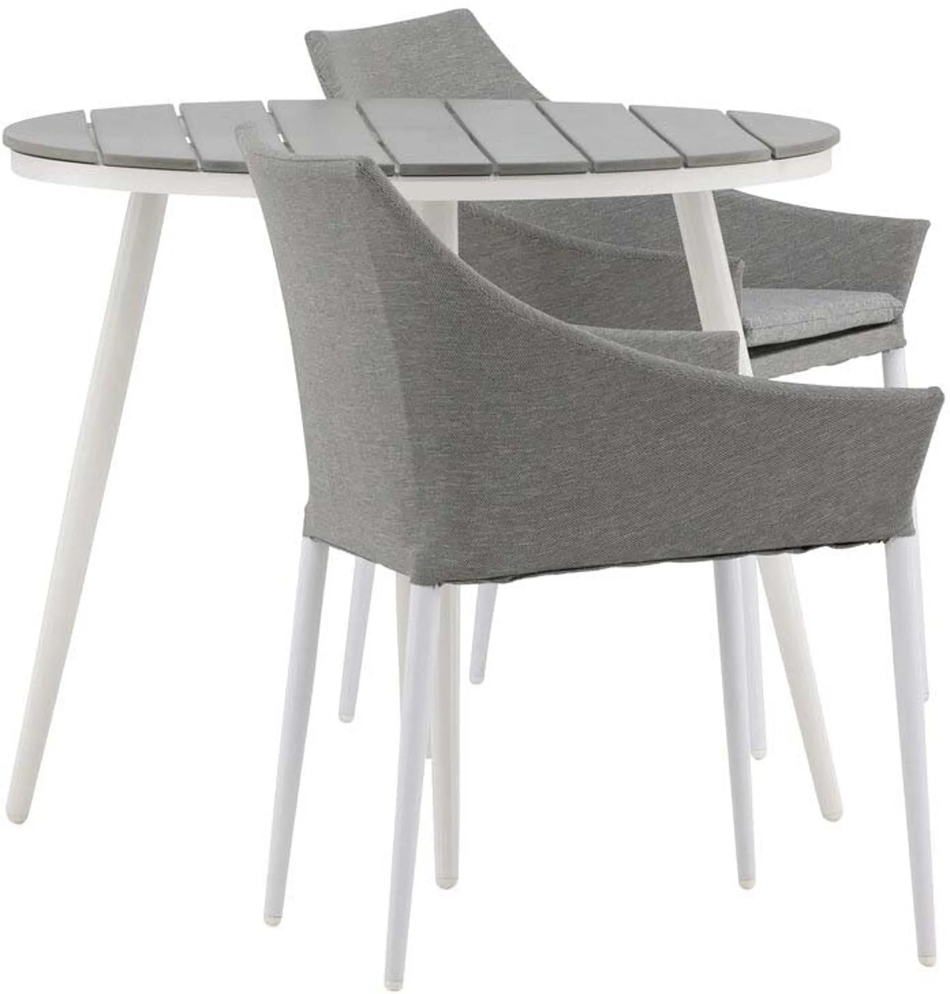 Elegantes Outdoor-Tischset für stilvolle Abende im Freien, mit modernem Design und komfortablen Stühlen.