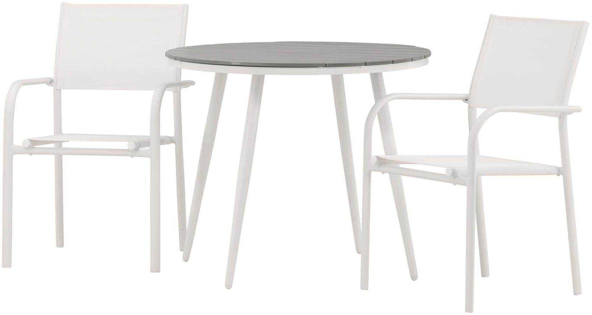 Elegantes Break Outdoor-Tischset mit 90 cm Durchmesser und robusten Santorini-Stühlen. Ideal für gesellige Stunden im Freien, pflegeleicht und wetterbeständig.