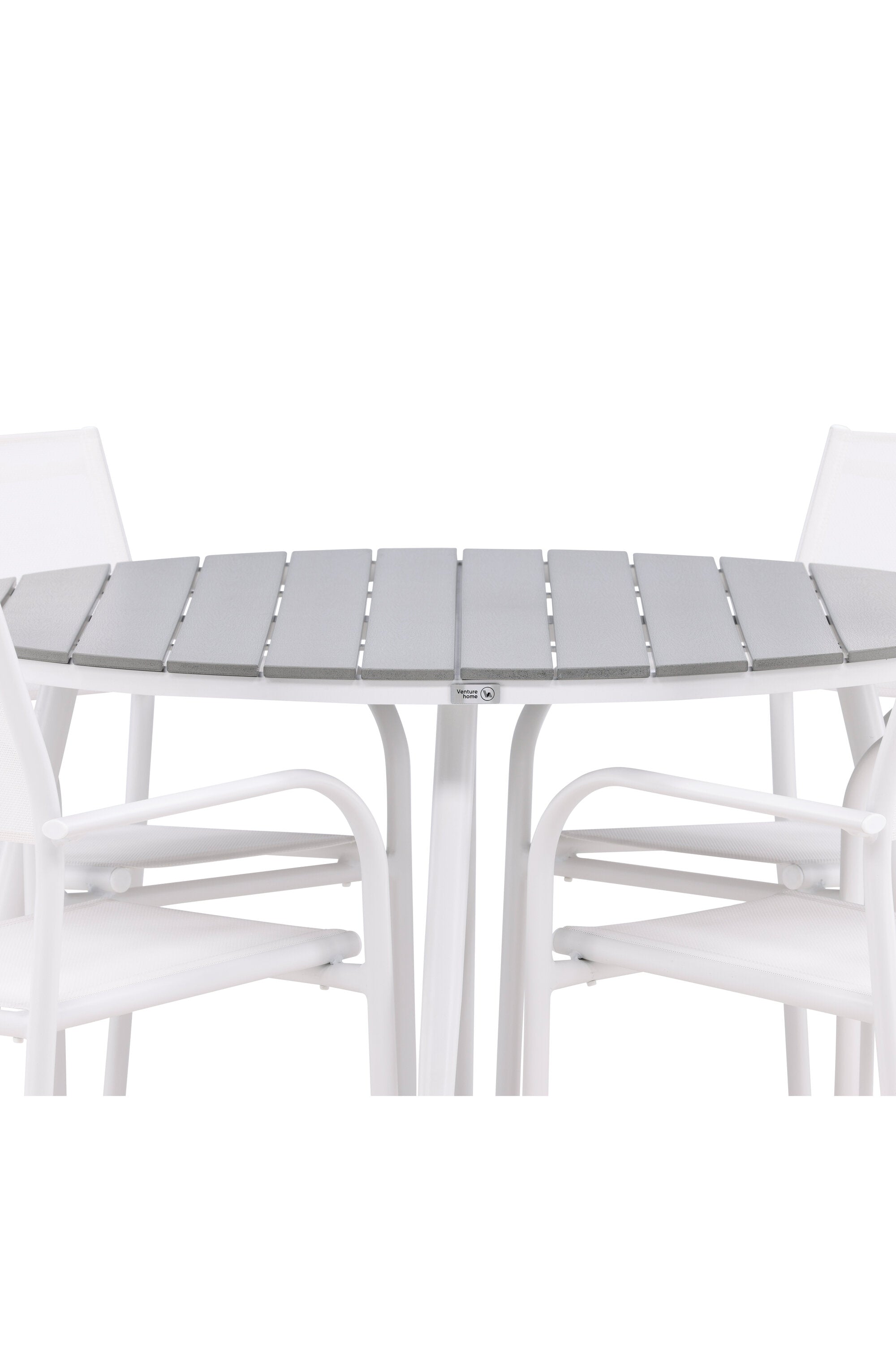 Break Gartentisch Round + 4 x Santorini Arm Stuhl (stapelbar) in Grau Weiss präsentiert im Onlineshop von KAQTU Design AG. Gartentischset ist von Venture Home
