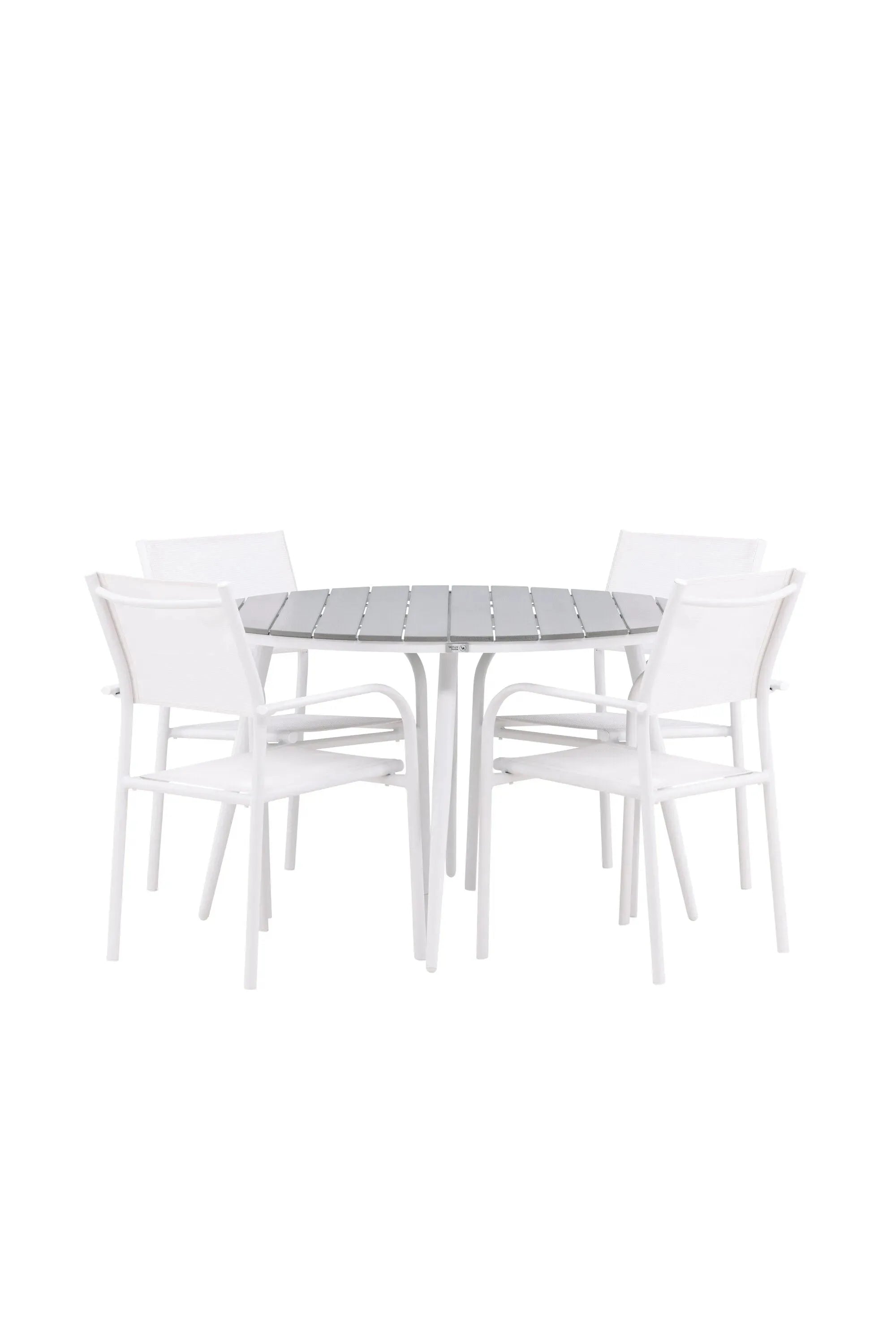 Der Break Gartentisch Round mit 4 stapelbaren Santorini Armstühlen bietet stilvolles Design mit grauer Aintwood-Tischplatte und weißem Aluminiumgestell.