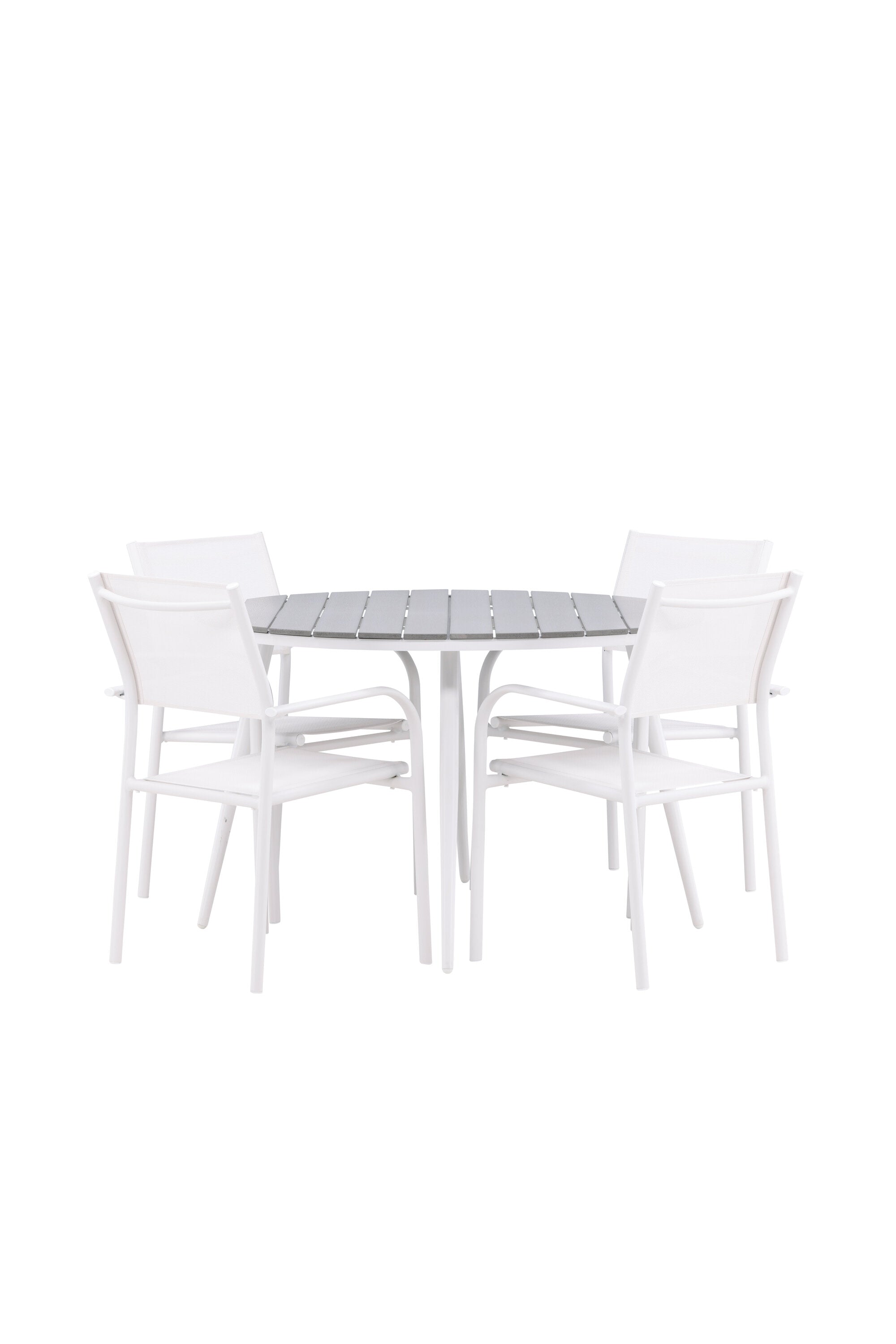 Break Gartentisch Round + 4 x Santorini Arm Stuhl (stapelbar) in Grau Weiss präsentiert im Onlineshop von KAQTU Design AG. Gartentischset ist von Venture Home