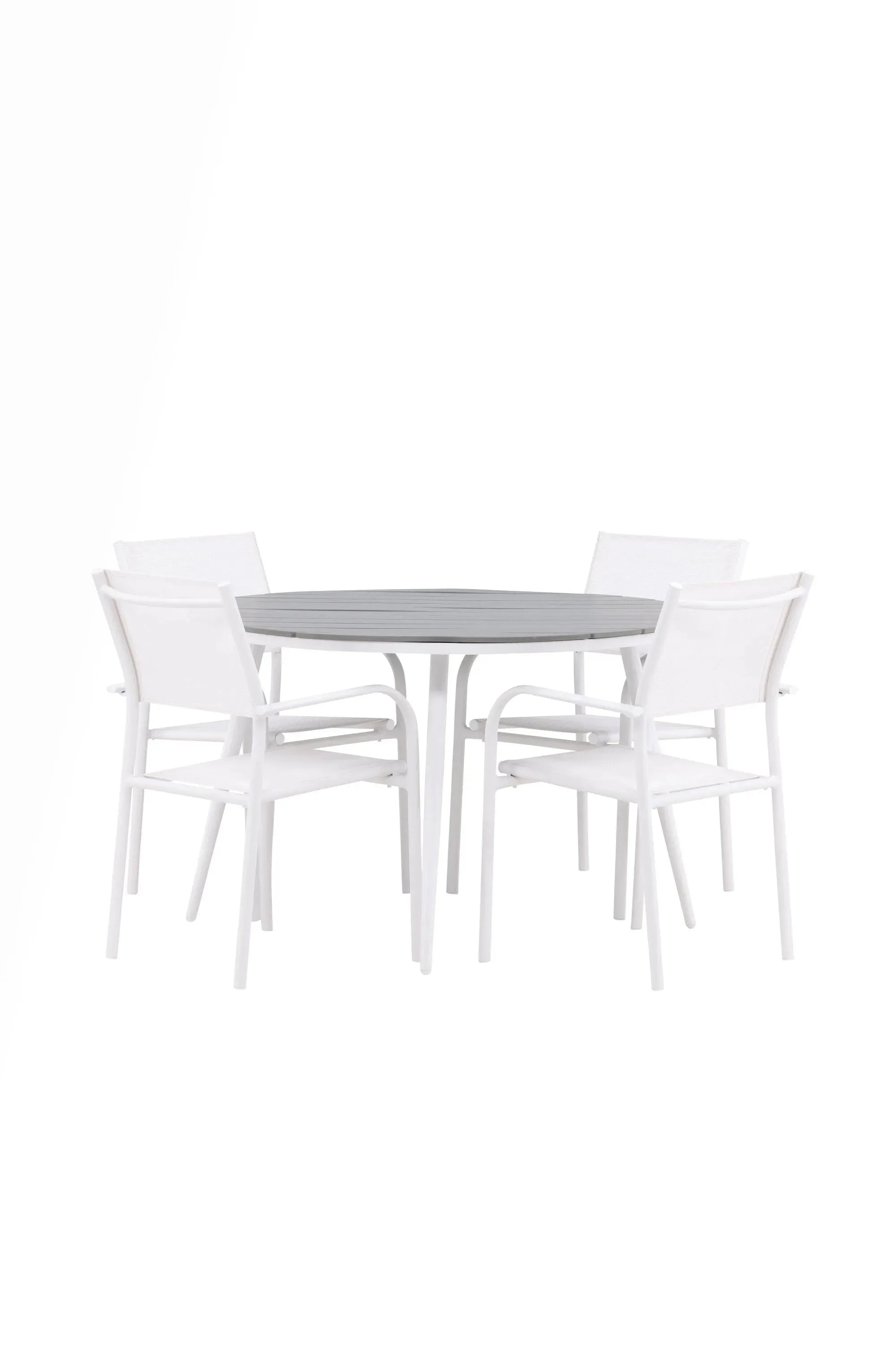 Moderner Break Esstisch mit 4 stapelbaren Santorini Armstühlen.