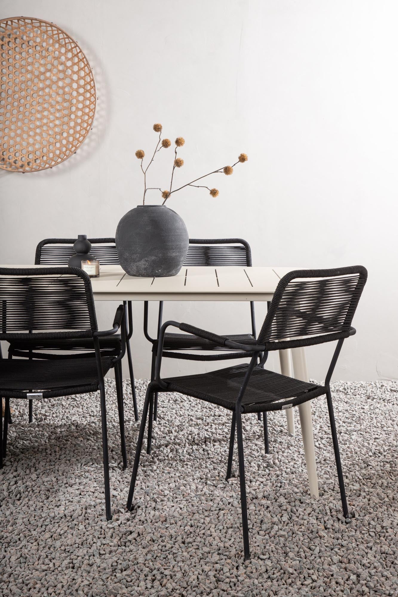 Elegantes Lina Outdoor-Tischset mit großzügigem 200 cm Tisch und 6 komfortablen Lindos Armchairs, perfekt für gesellige Stunden im Freien.
