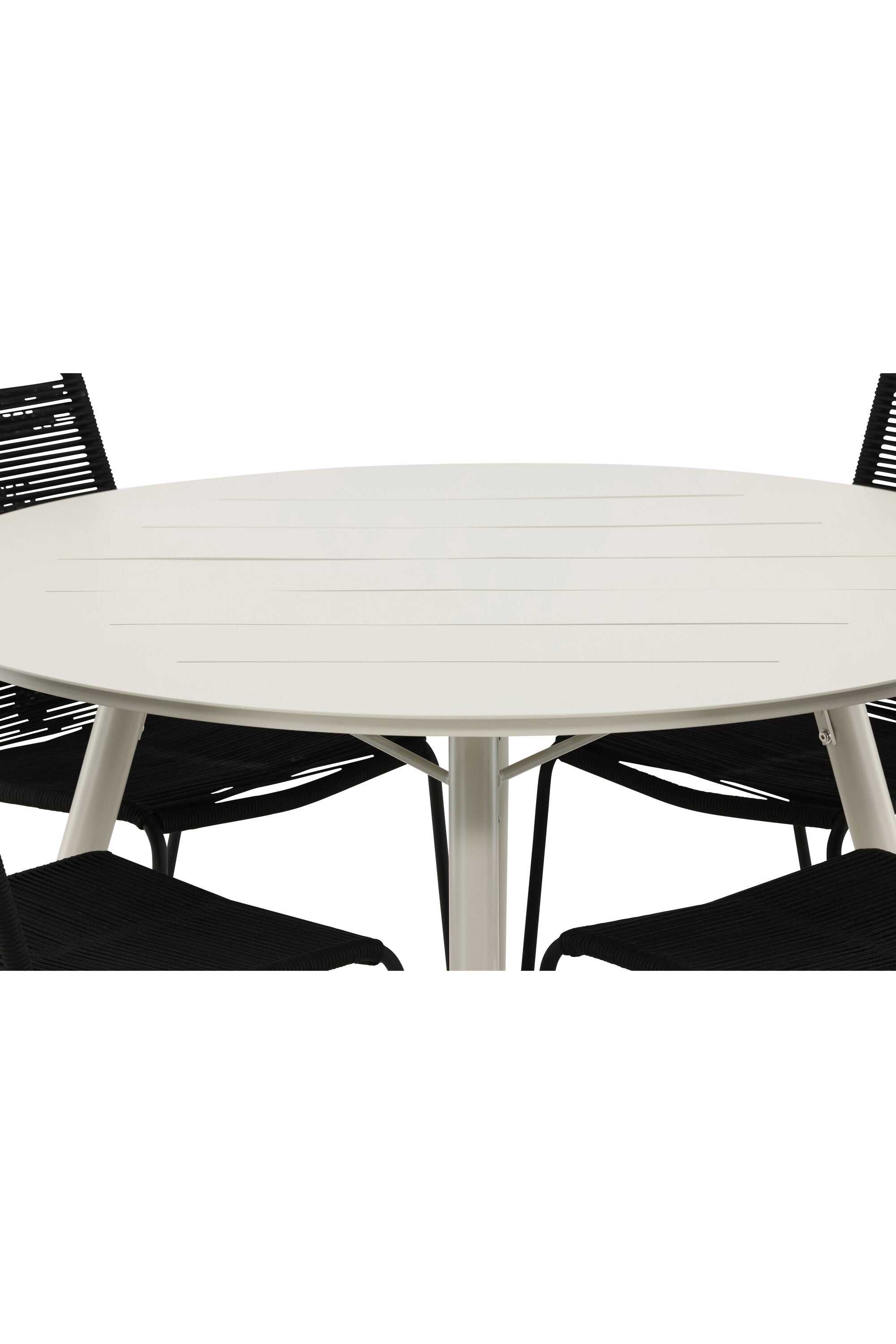 Lina Outdoor-Tischset + Lindos Stacking ⌀120cm/4St. in Schwarz präsentiert im Onlineshop von KAQTU Design AG. Gartentischset ist von Venture Home