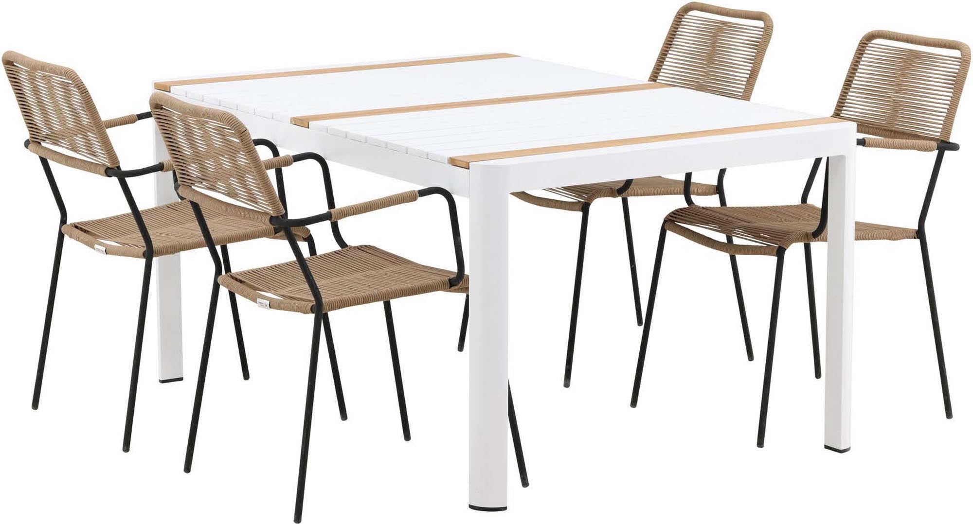 Elegantes Togo Outdoor-Tischset mit 150 cm Tisch und 4 bequemen Lindos Armchairs. Ideal für gesellige Stunden im Freien!