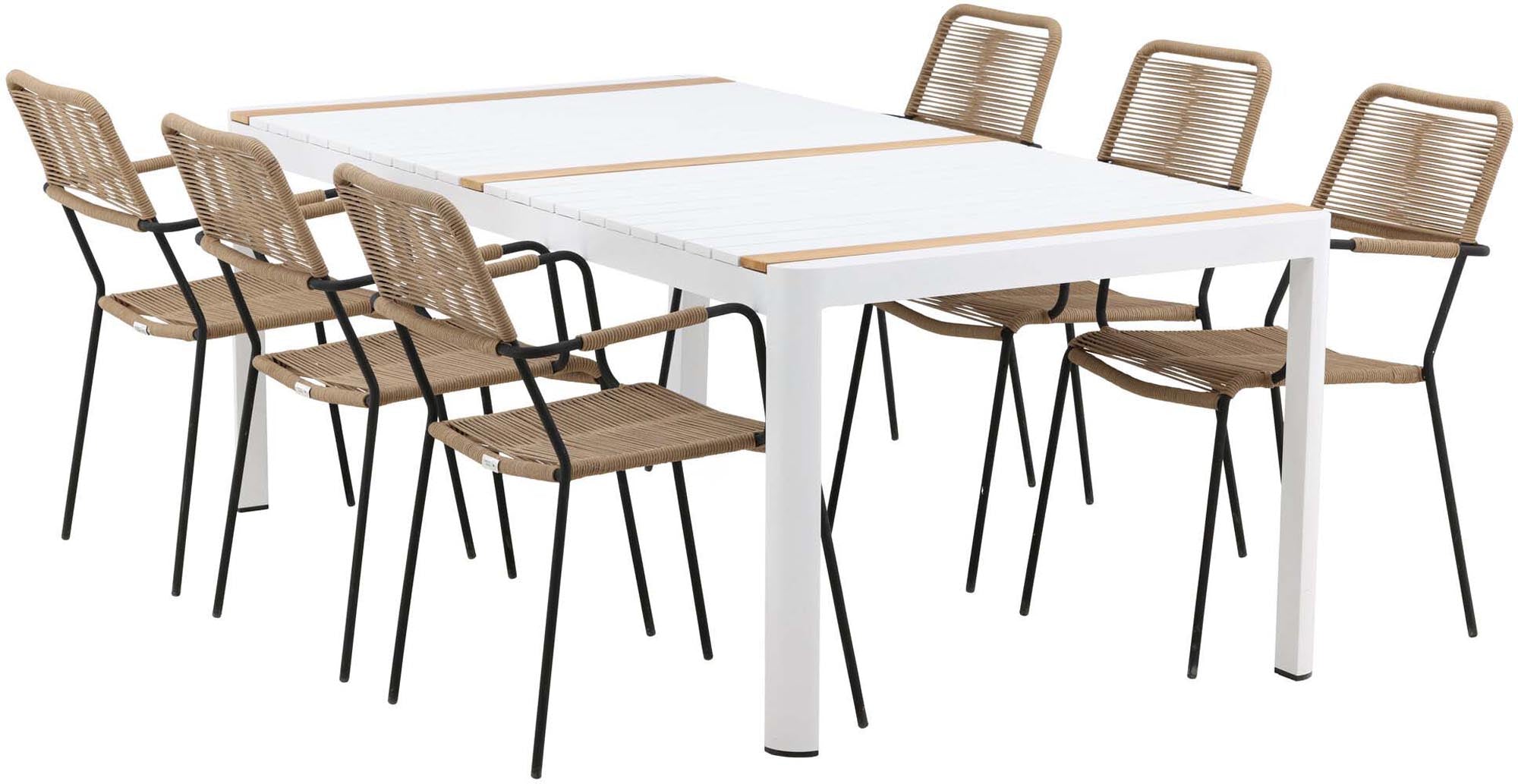 Stilvolles Togo Outdoor-Tischset mit 6 Lindos Armchairs. Perfekt für gesellige Momente im Freien, vereint modernes Design und Langlebigkeit.