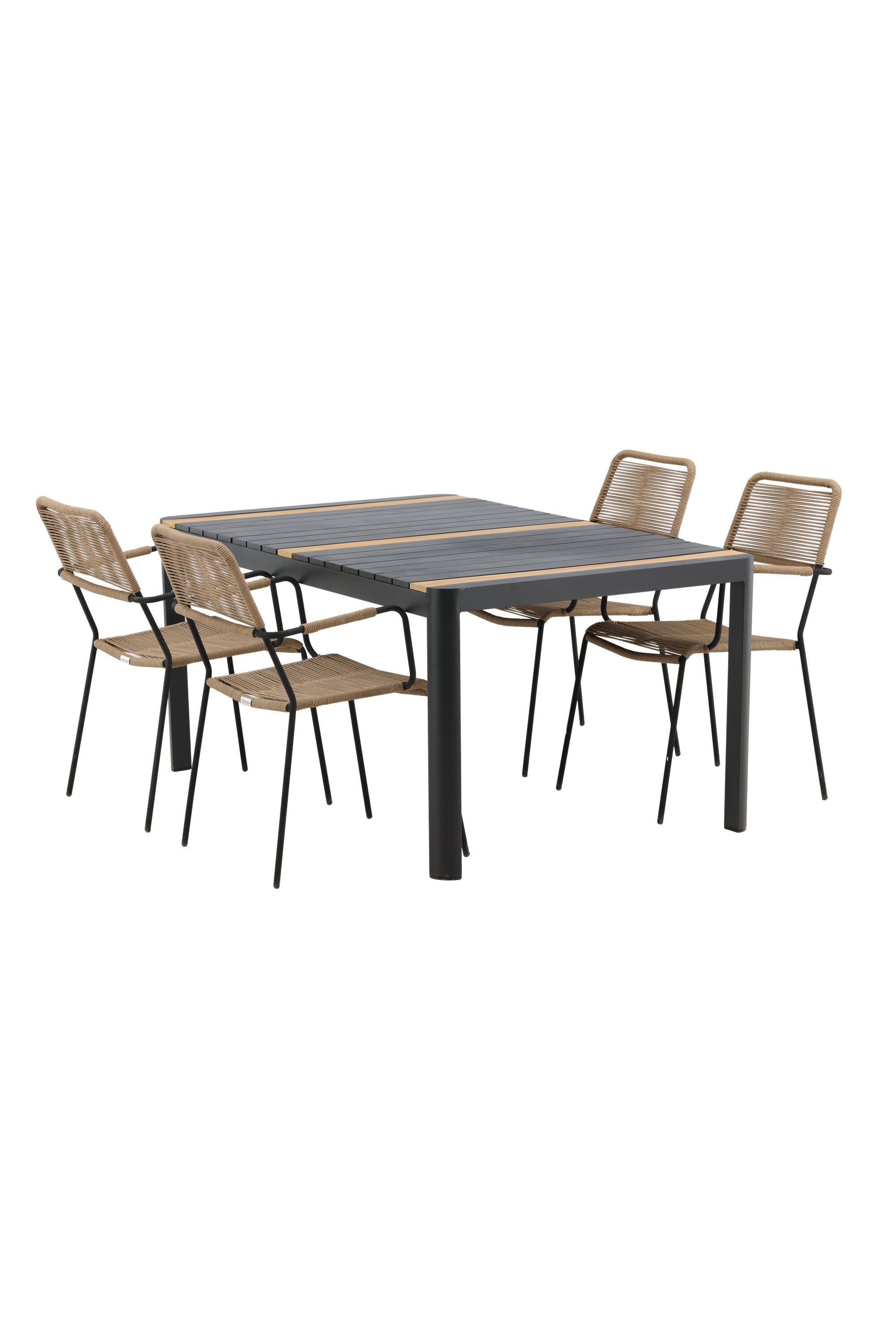 Togo Outdoor-Tischset + Lindos Armchair 150cm/4St. in Schwarz / Natur präsentiert im Onlineshop von KAQTU Design AG. Gartentischset ist von Venture Home