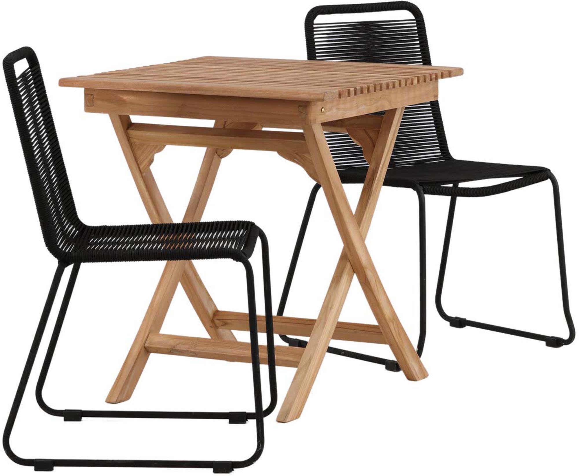 Robustes Teak-Tischset mit 2 platzsparenden Lindos Stühlen.