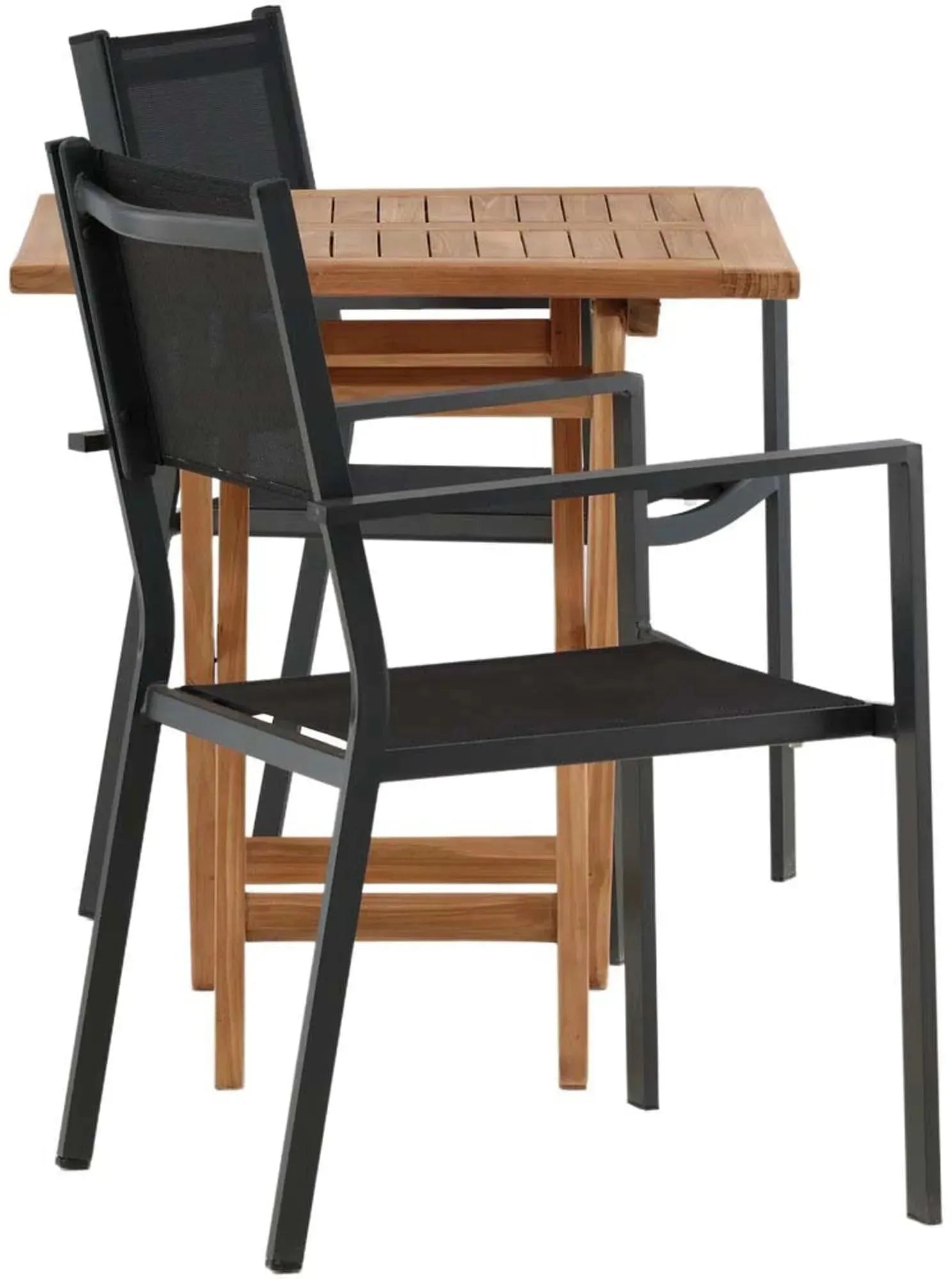 Stilvolles Kenya Outdoor-Tischset aus Teakholz mit stapelbaren Copacabana-Stühlen. Perfekt für Terrasse und Garten.