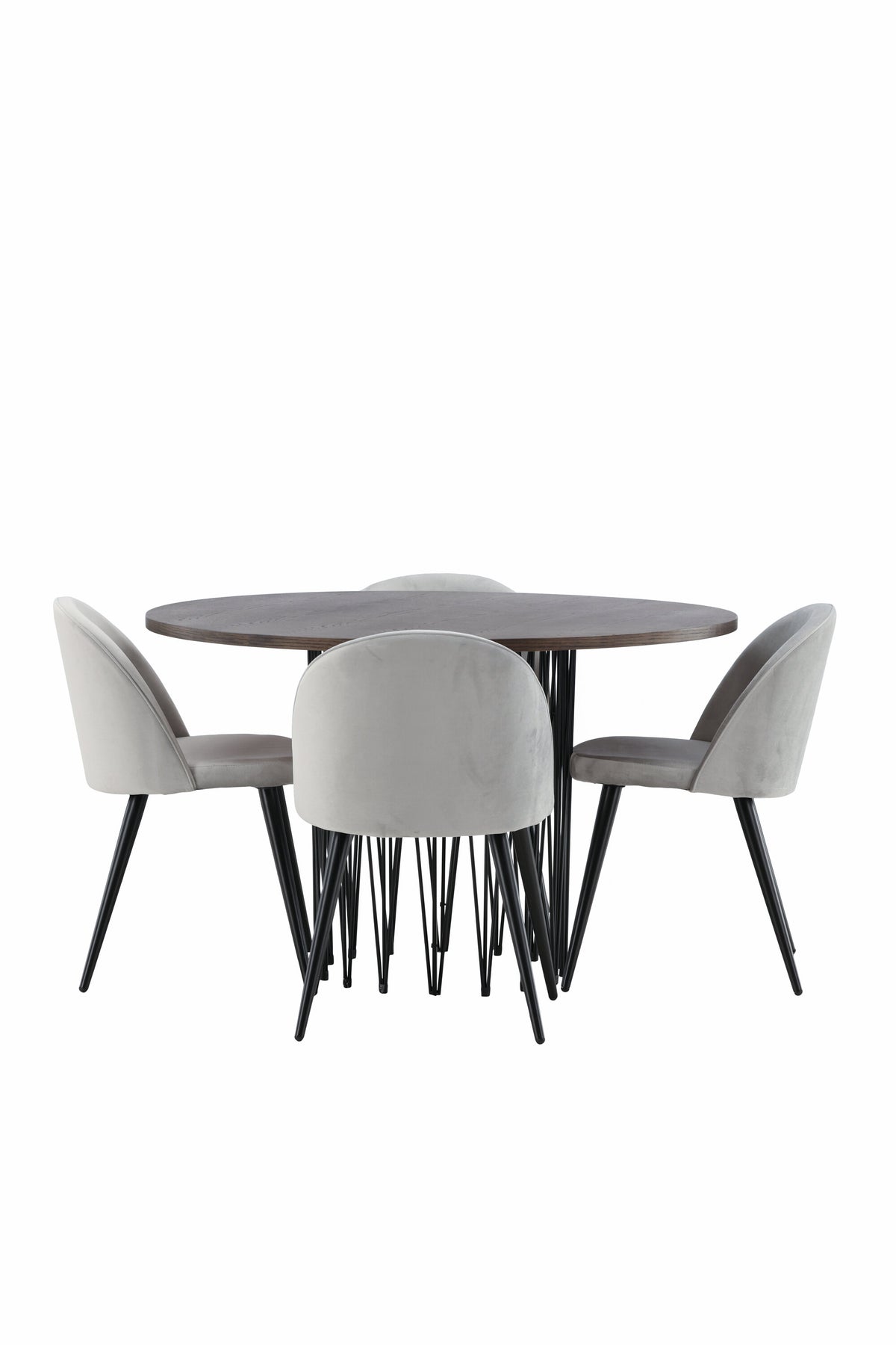 Rundes Esszimmerset mit Steinlook-Tisch aus MDF und Mocca-Furnier, schwarzem Metallgestell und vier Limhamn-Stühlen mit beigem Samtbezug.