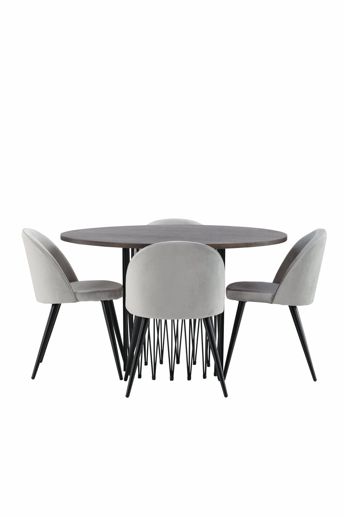 Rundes Esszimmerset mit Steinlook-Tisch aus MDF und Mocca-Furnier, schwarzem Metallgestell und vier Limhamn-Stühlen mit beigem Samtbezug.