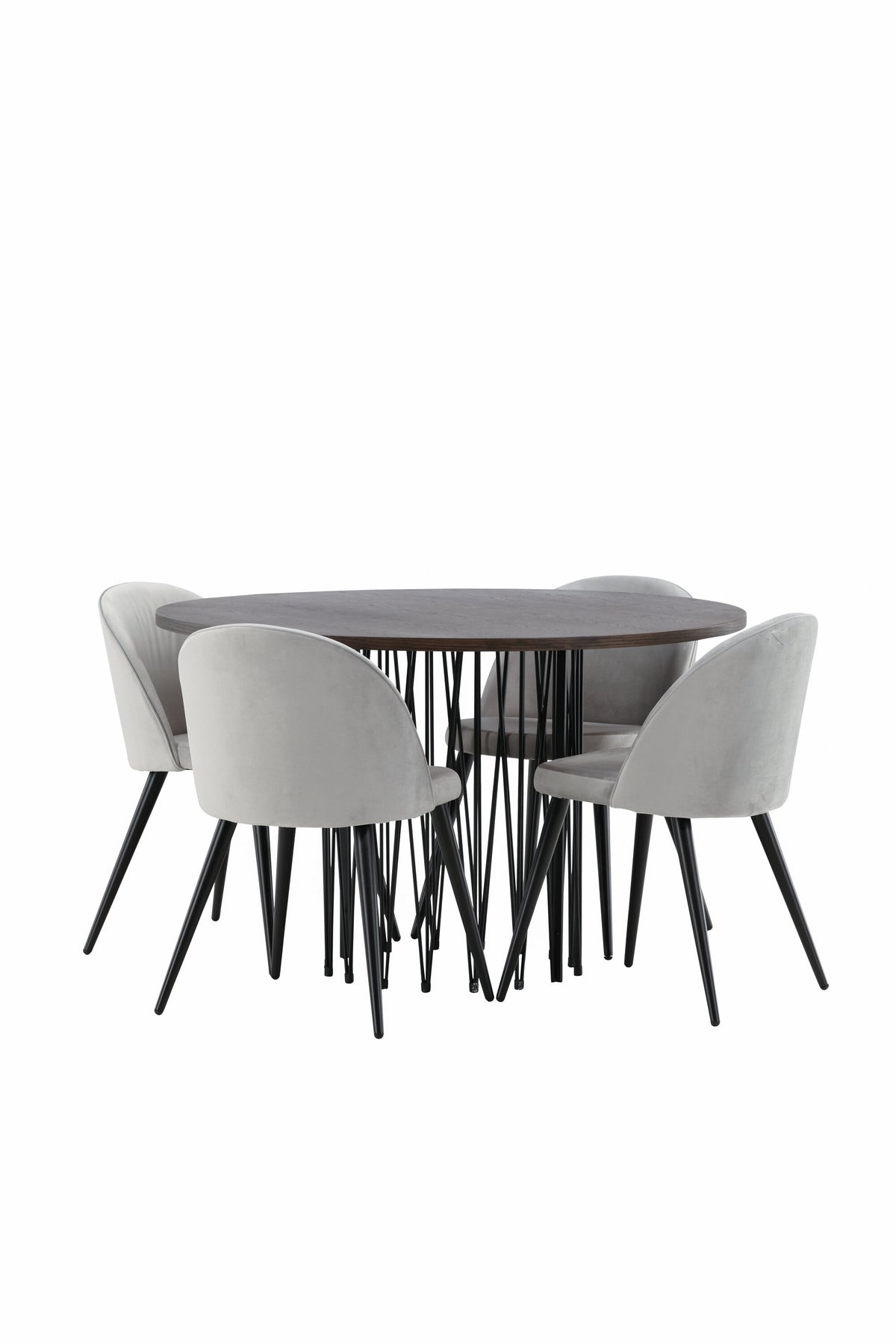 Rundes Esszimmerset mit Steinlook-Tisch aus MDF und Mocca-Furnier, schwarzem Metallgestell und vier Limhamn-Stühlen mit beigem Samtbezug.