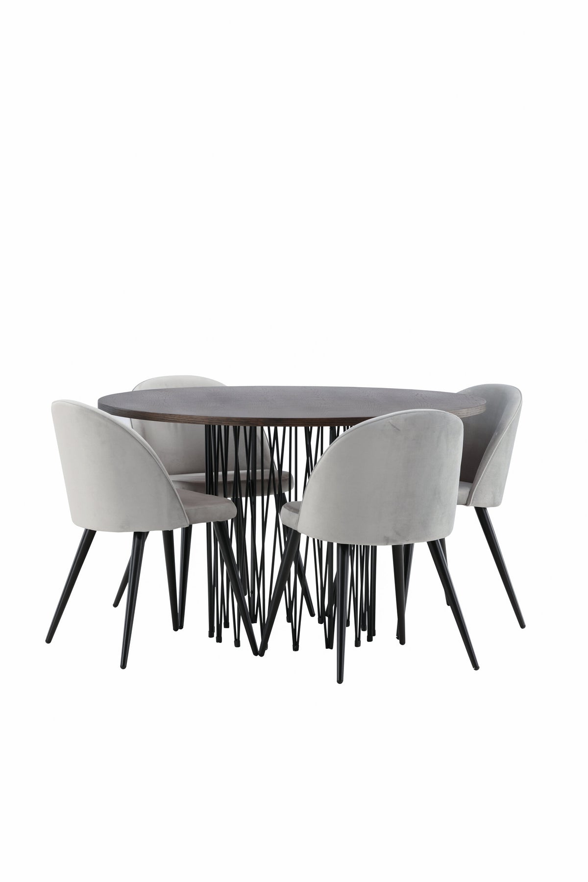 Rundes Esszimmerset mit Steinlook-Tisch aus MDF und Mocca-Furnier, schwarzem Metallgestell und vier Limhamn-Stühlen mit beigem Samtbezug.