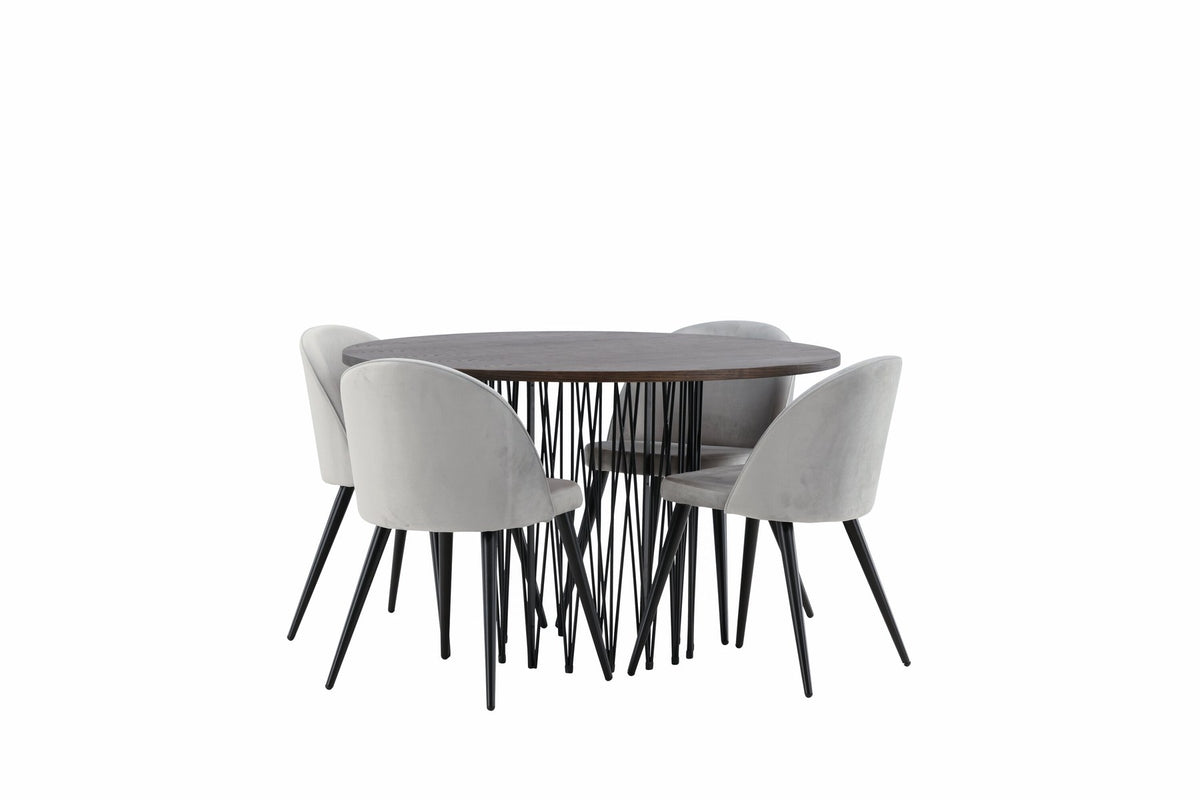 Rundes Esszimmerset mit Steinlook-Tisch aus MDF und Mocca-Furnier, schwarzem Metallgestell und vier Limhamn-Stühlen mit beigem Samtbezug.