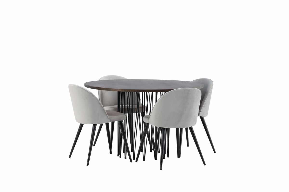 Rundes Esszimmerset mit Steinlook-Tisch aus MDF und Mocca-Furnier, schwarzem Metallgestell und vier Limhamn-Stühlen mit beigem Samtbezug.