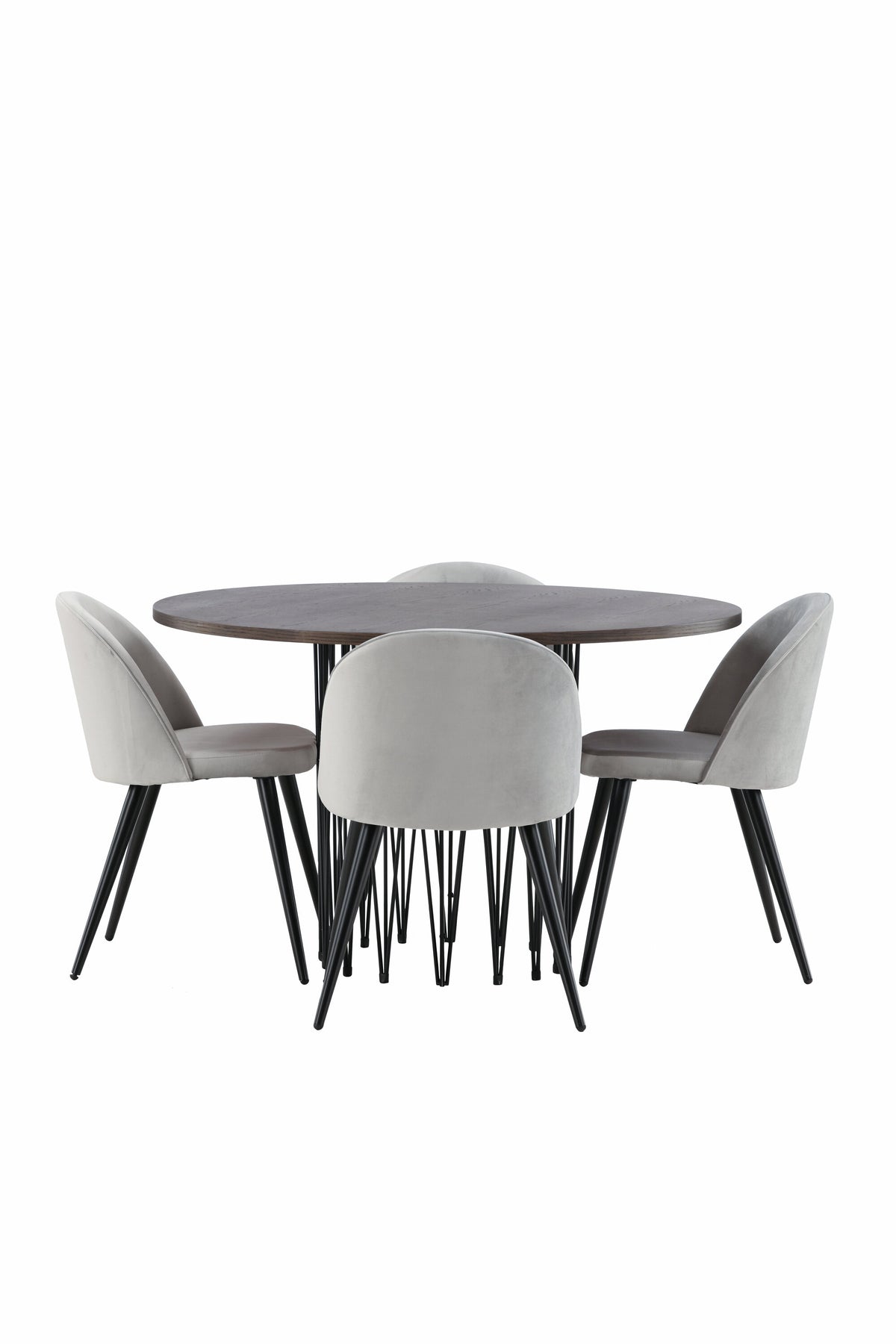 Rundes Esszimmerset mit Steinlook-Tisch aus MDF und Mocca-Furnier, schwarzem Metallgestell und vier Limhamn-Stühlen mit beigem Samtbezug.