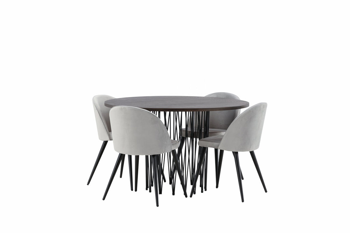 Rundes Esszimmerset mit Steinlook-Tisch aus MDF und Mocca-Furnier, schwarzem Metallgestell und vier Limhamn-Stühlen mit beigem Samtbezug.