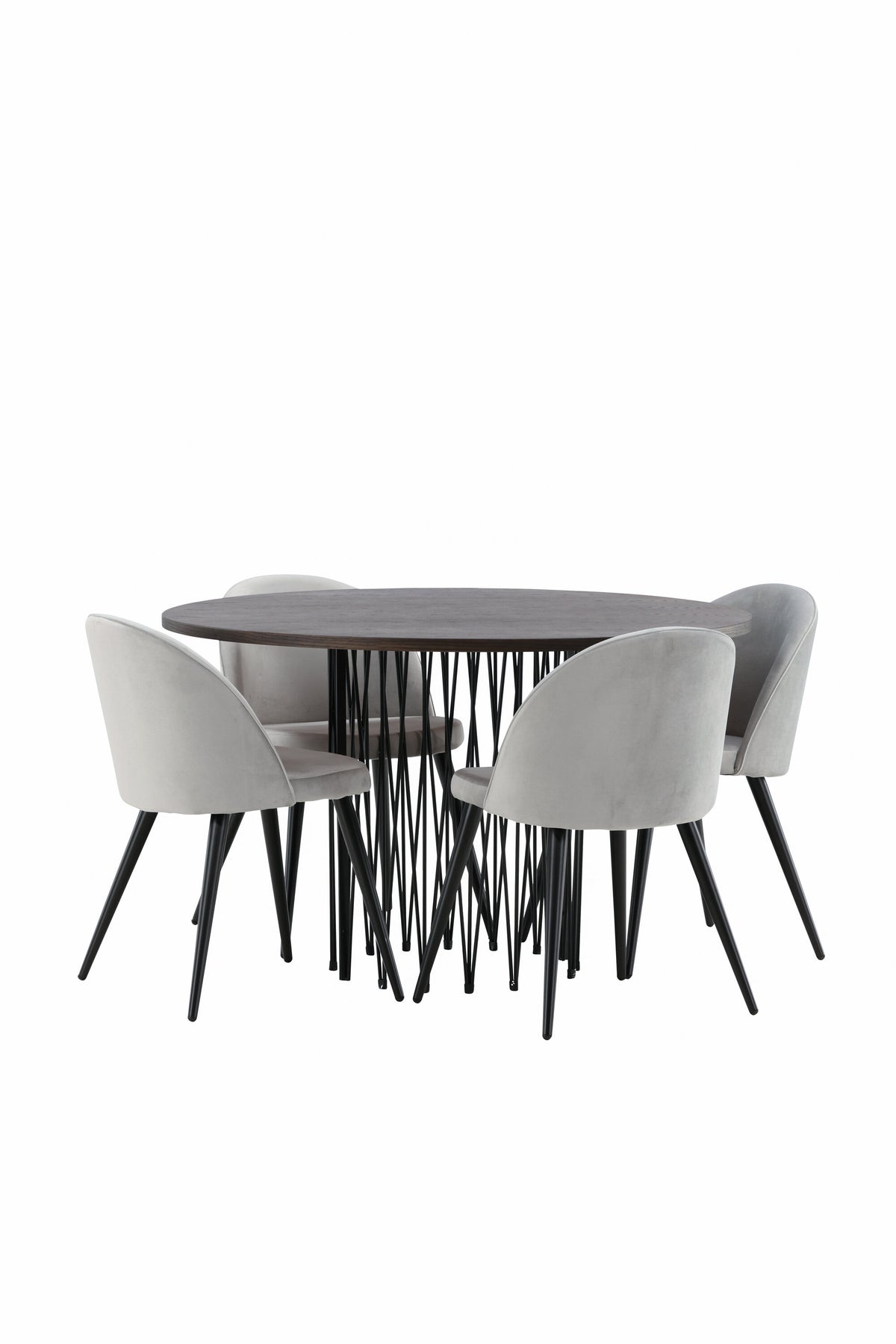 Rundes Esszimmerset mit Steinlook-Tisch aus MDF und Mocca-Furnier, schwarzem Metallgestell und vier Limhamn-Stühlen mit beigem Samtbezug.
