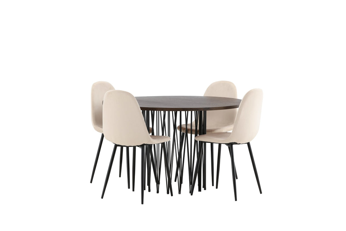 Rundes Esszimmerset mit Steinlook-Tisch aus MDF und Mocca-Furnier, schwarzem Metallgestell und vier Limhamn-Stühlen mit beigem Samtbezug.
