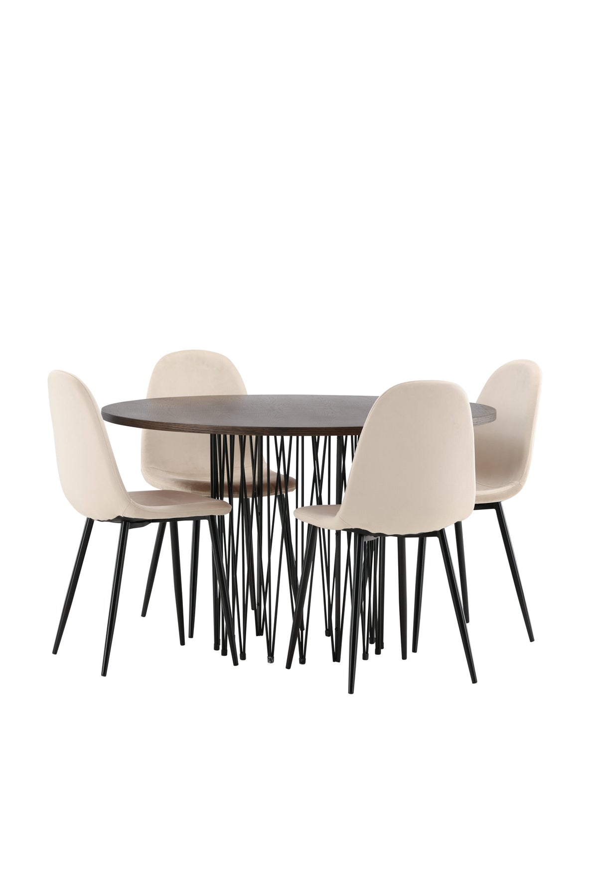 Rundes Esszimmerset mit Steinlook-Tisch aus MDF und Mocca-Furnier, schwarzem Metallgestell und vier Limhamn-Stühlen mit beigem Samtbezug.