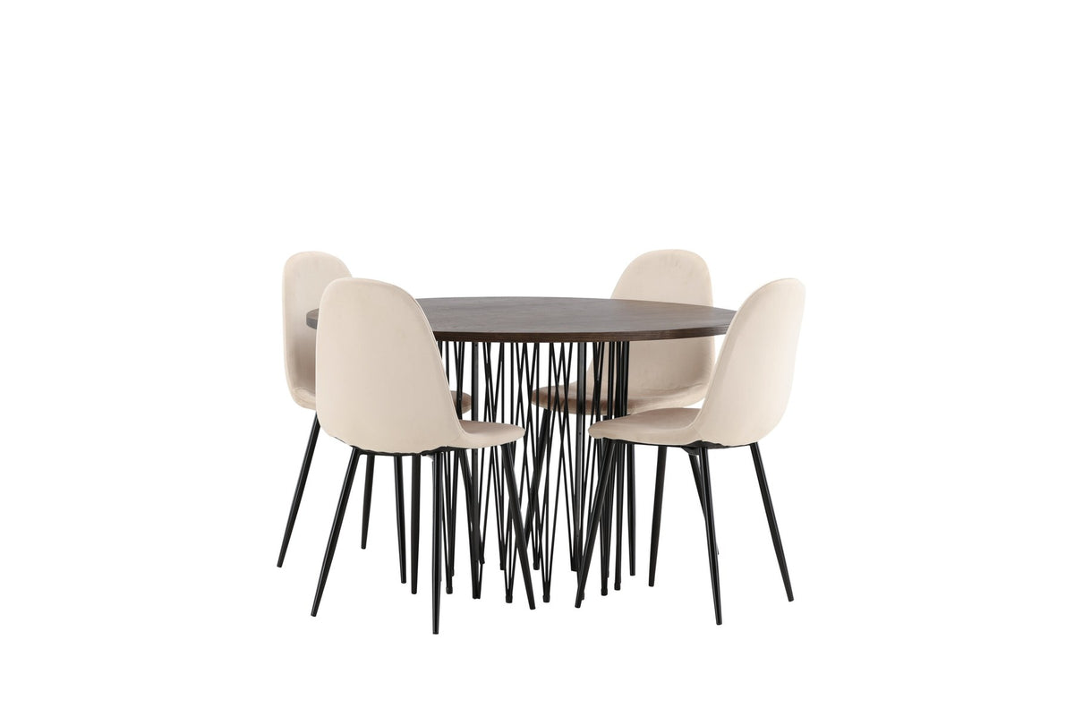 Rundes Esszimmerset mit Steinlook-Tisch aus MDF und Mocca-Furnier, schwarzem Metallgestell und vier Limhamn-Stühlen mit beigem Samtbezug.