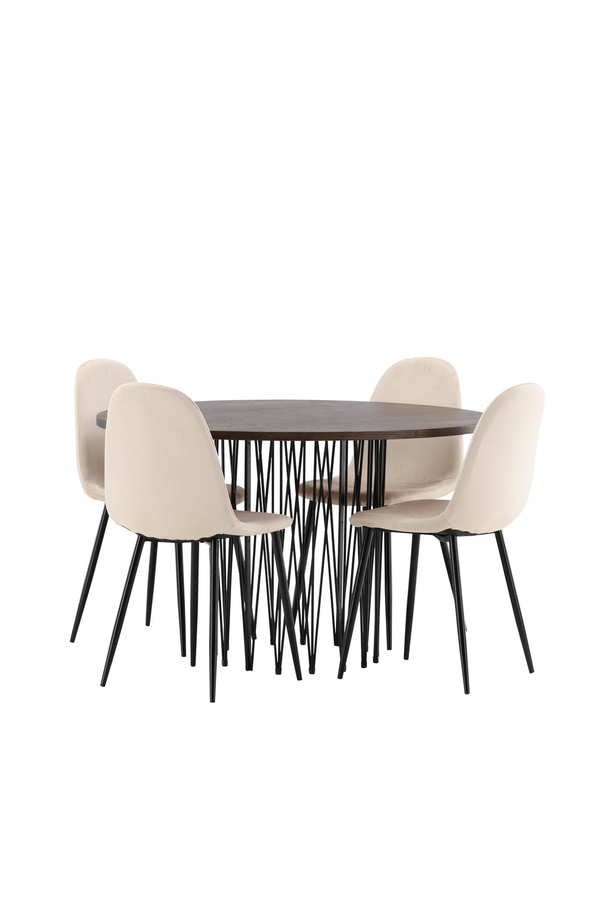 Rundes Esszimmerset mit Steinlook-Tisch aus MDF und Mocca-Furnier, schwarzem Metallgestell und vier Limhamn-Stühlen mit beigem Samtbezug.